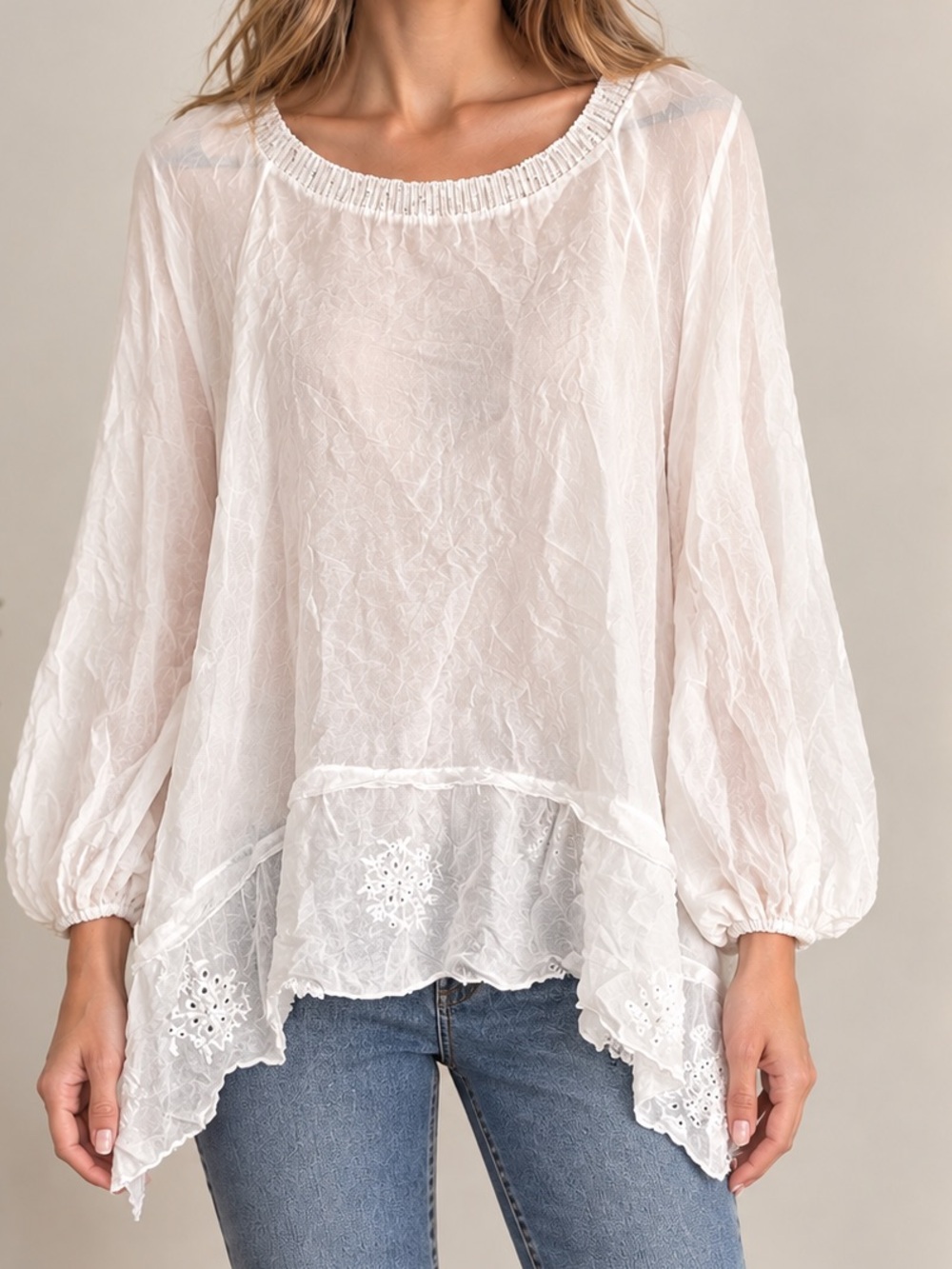 Made in Italy Silk White Lace Trim Tunic Top